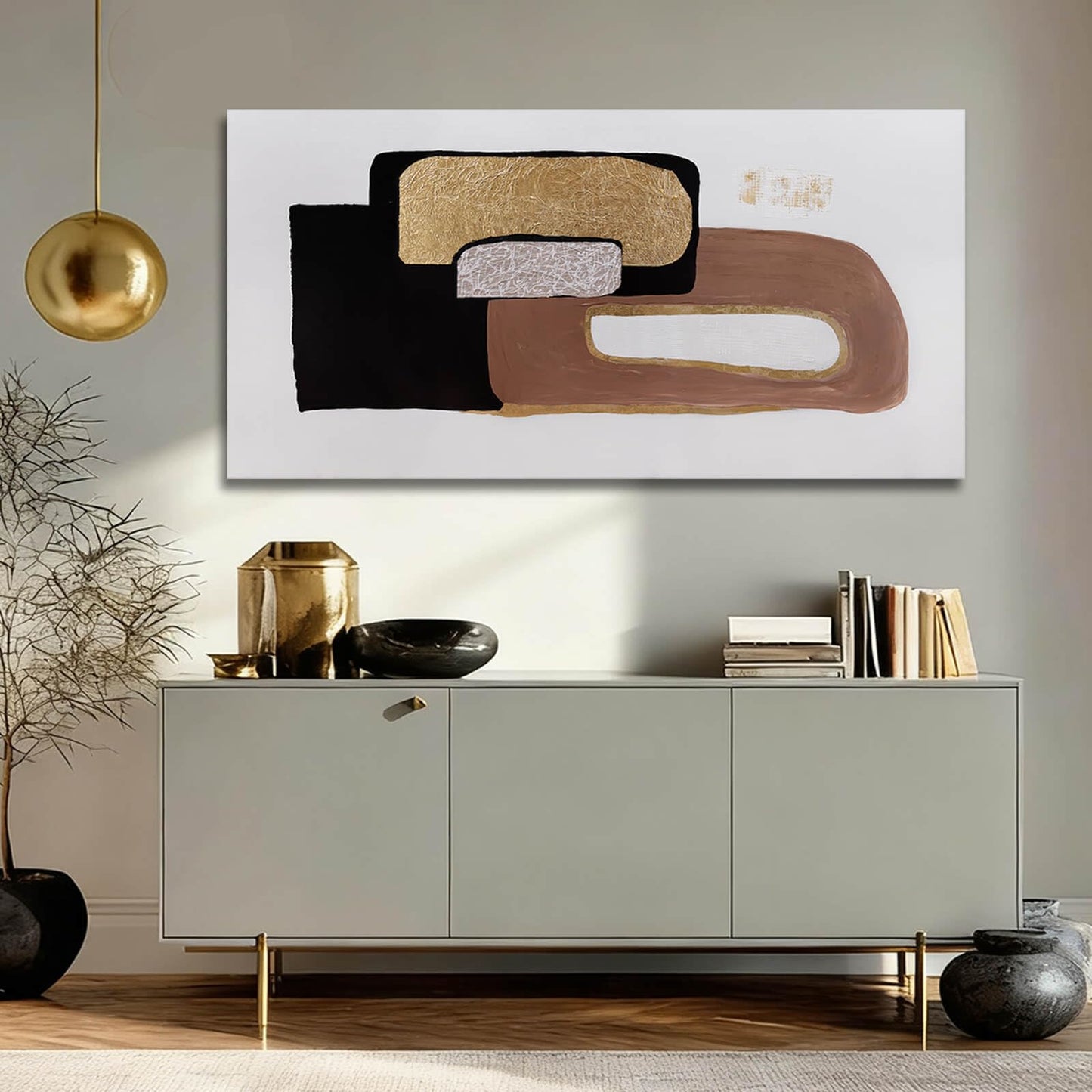 NBAODAN Minimalist Room Decor Black Brown and White Wall Art Modern Abstract Wall Decor Gold Foil Painting on Canvas Artwork for Living Room Bedroom 24x48 Inch
