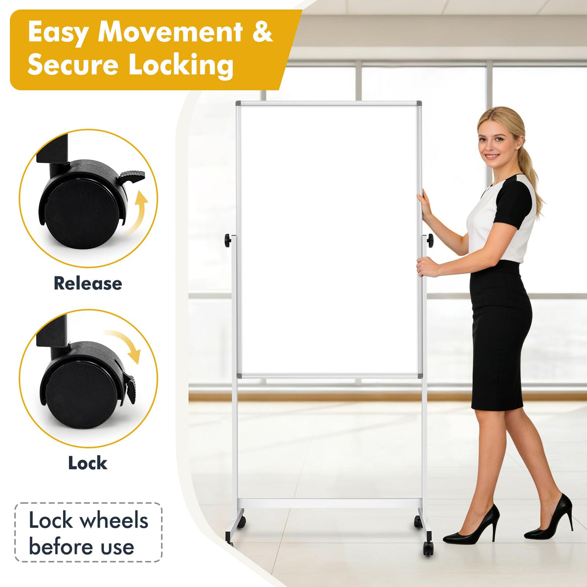 Rolling Whiteboard Corkboard Combo with Stand 24"x40", Double-Sided Mobile Dry Erase Bulletin Board on Wheels, Reversible Height Adjustable Standing Board for Home & Office