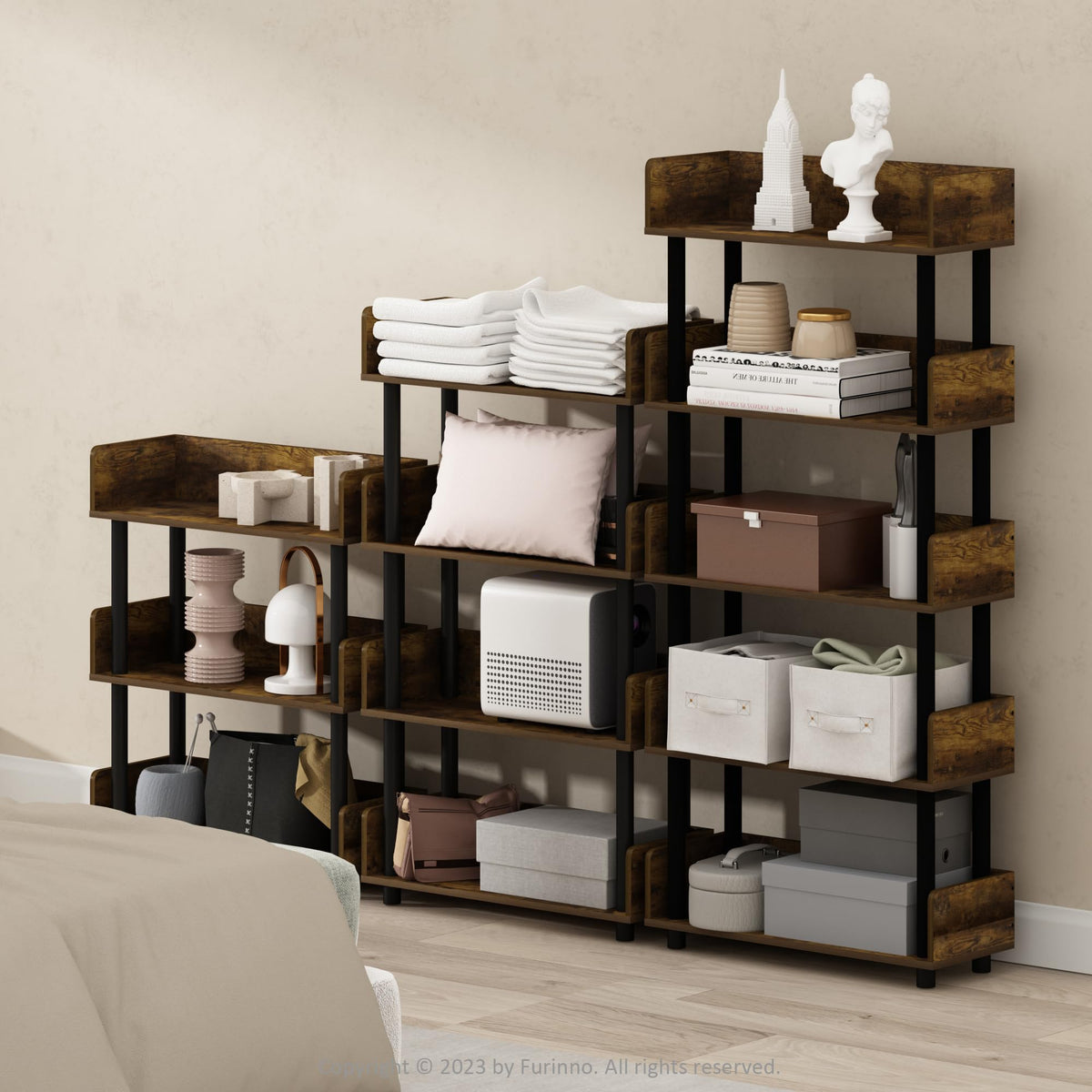 Furinno TURN-N-TUBE 5-Tier Display Shelf, Storage Shelves, Book Shelf, Open Shelves with Rounded Corner Top Edges, for Organization and Storage, Living Room, Home Office, Amber Pine
