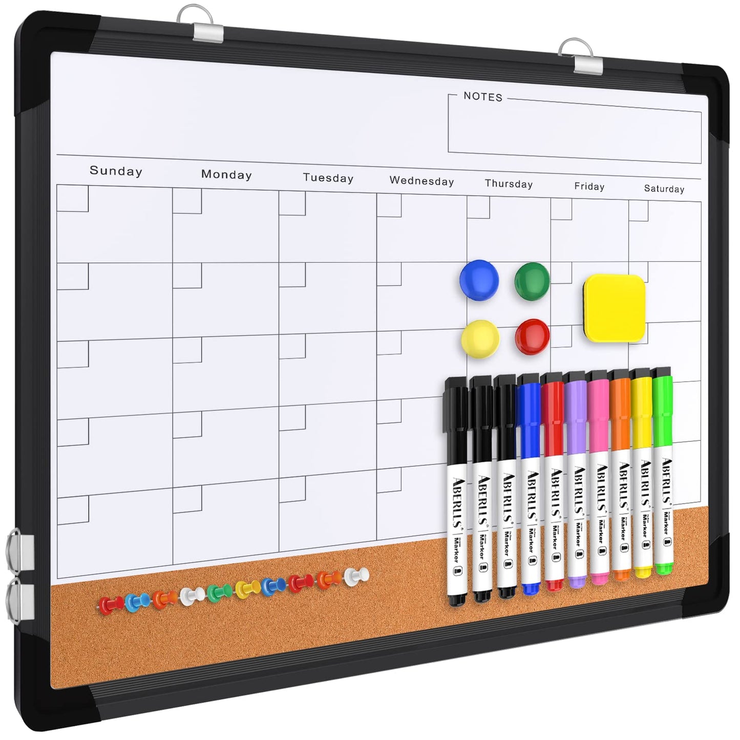 Monthly Calendar Whiteboard Dry Erase Cork Board Combination for Wall, 17x13 Magnetic Dry Erase Board, Double-Sided White Board, Portable Board for Office, Planning, Memo, School, Home (Black)