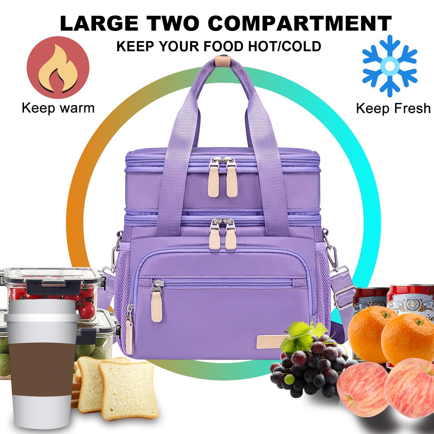 Weitars Insulated Lunch Box for Women Men-Dual Compartment Waterproof Reusable Large Lunch Bag Wide-Open Tote Cooler Bag For Working Picnic Hiking (15L) (Purple)