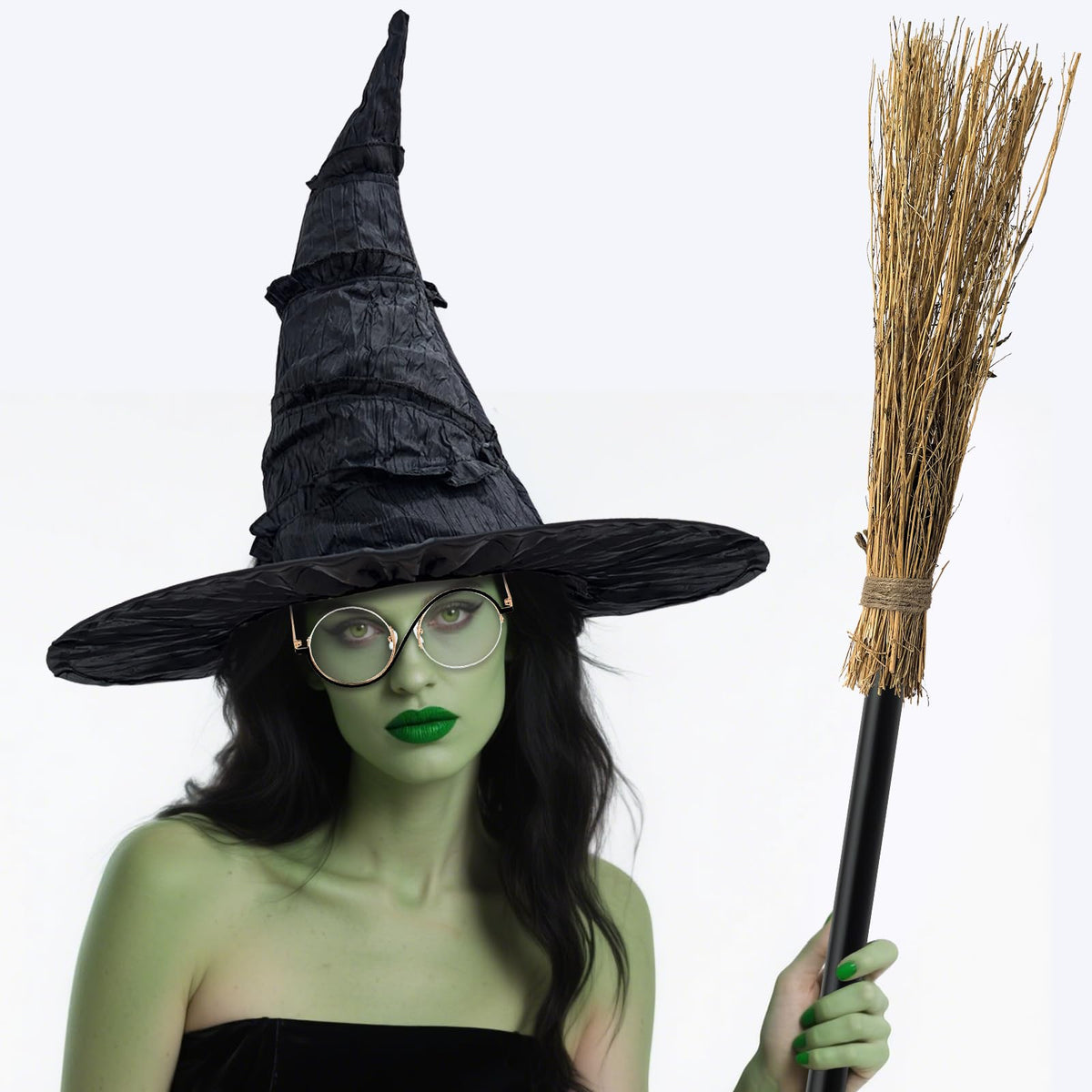 Hlimior 4 Pcs Halloween Witch Costume Set Include Black Witch Hat Broomstick Green Claw Gloves & Glasses,Halloween Costume Accessories for Women Cosplay & Party Fun