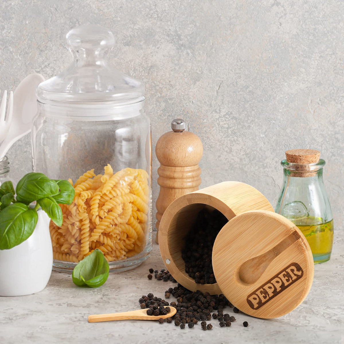 Lawei 2 Pack Bamboo Salt and Pepper Bowls, Round Salt Container with Magnetic Swivel Lids and Spoons, Bamboo Salt Cellars, Seasoning Storage Holder Box for Salt, Pepper, Sugar, Spice