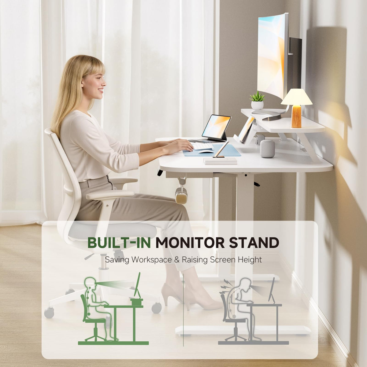 GTPLAYER Electric Standing Desk with Drawers, 48 x 24 Inches Height Adjustable Computer Desk with Monitor Stand, Laptop Stand, Sit Stand up Desk with Memory Preset for Home, Office, White
