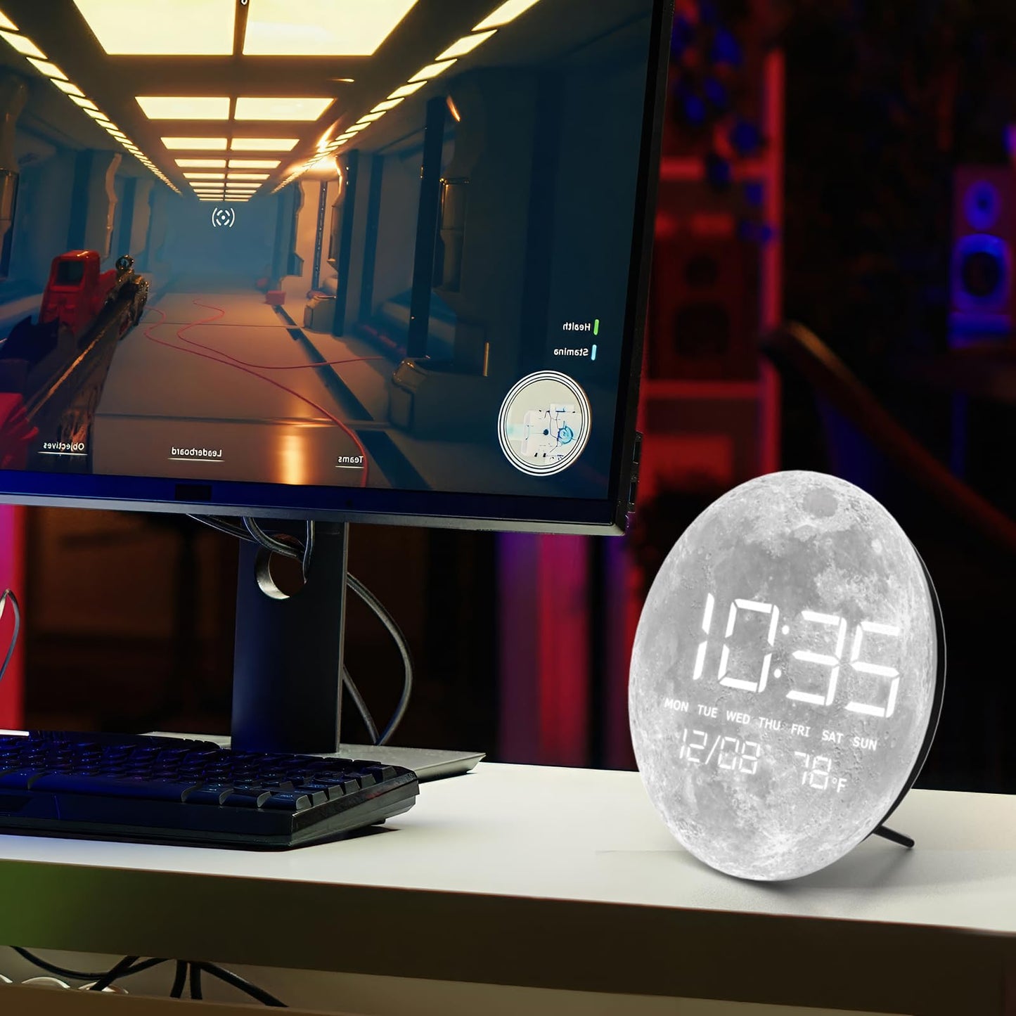 HOMLOVE Digital Desk & Shelf Clock, LED Moon/Earth Design, Temperature Display, 7.87 x 7.87 inches (Moon, 7.87 INCH)