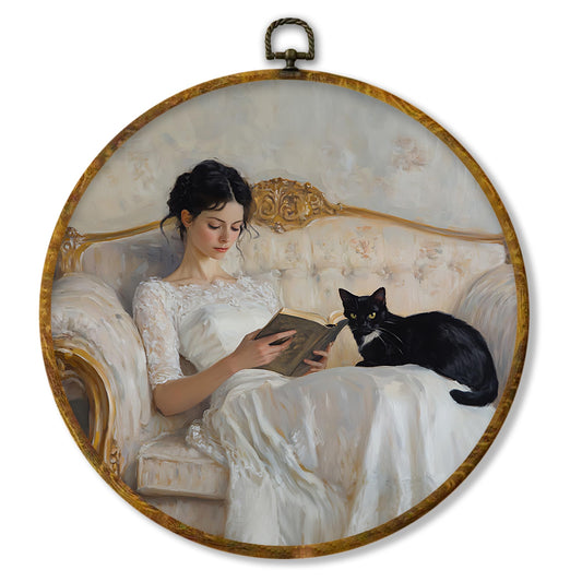 Hiuwevt Vintage Girl Reading Round Wall Art Decor, Moody Black Cat Framed Canvas Prints, Academia Bookish Round Wall Hanging Decor for Bedroom Home Decorations, 10x10 Inches
