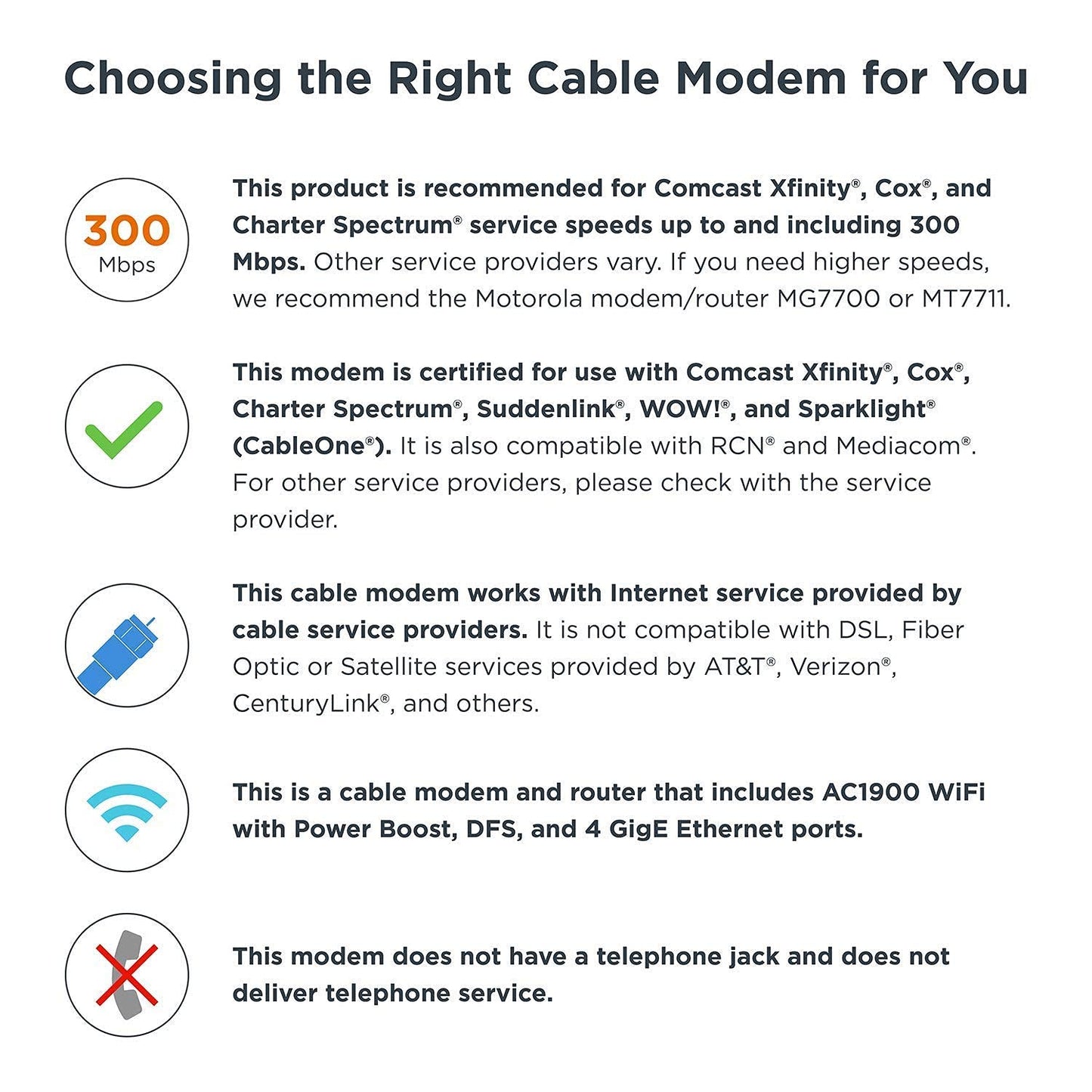 Motorola MG7550 16x4 Cable Modem Plus AC1900 Dual Band WiFi Gigabit Router with Power Boost and DFS, 686 Mbps Maximum DOCSIS 3.0 - Approved by Comcast Xfinity, Cox, Charter Spectrum, More (Black)