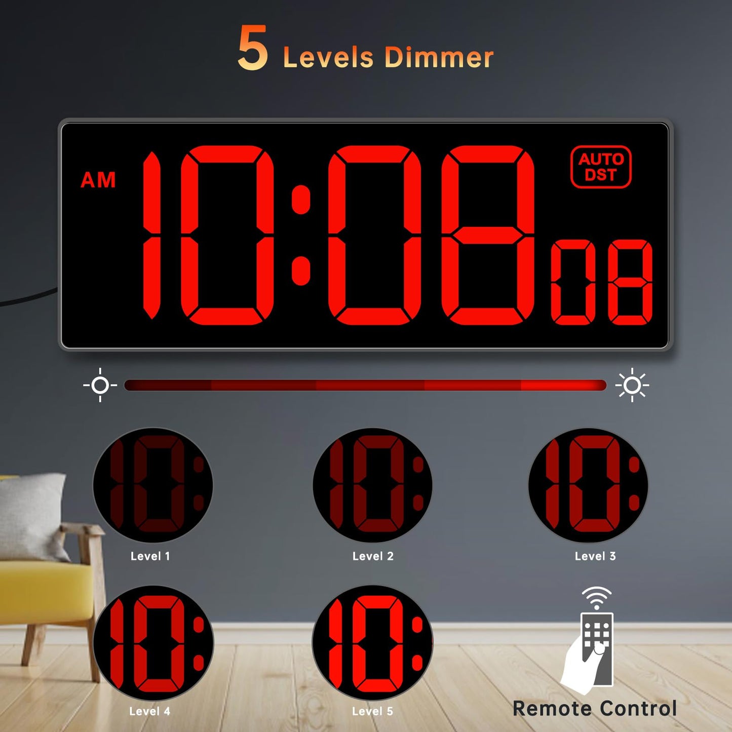 Soobest Digital Wall Clock with Seconds for Gym, Remote Countdown Timer Large LED Display 5 Dimmer (10.2" Red)
