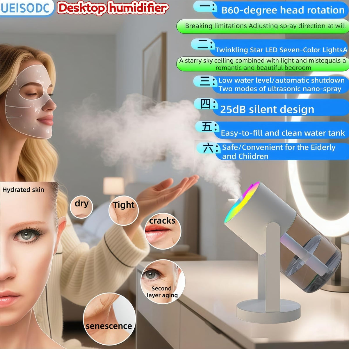 UEISODC bedroom humidifier, desktop USB humidifier, car air freshener, relieves tight skin, cough, nasal congestion, allergies and dry air，With automatic shutdown, silent operation