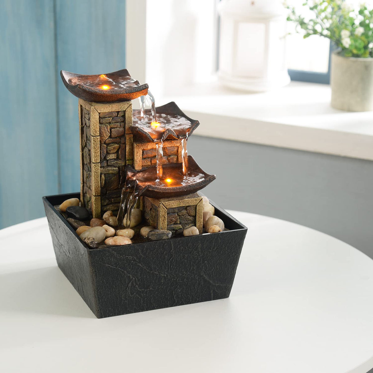 GOSSI Indoor 3-Tier Relaxation Tabletop Fountain Simulation Stone Pillar Water Fountain Soothing Sound Meditation Fountain with Natural River Rocks and Reflective Lighting Feature