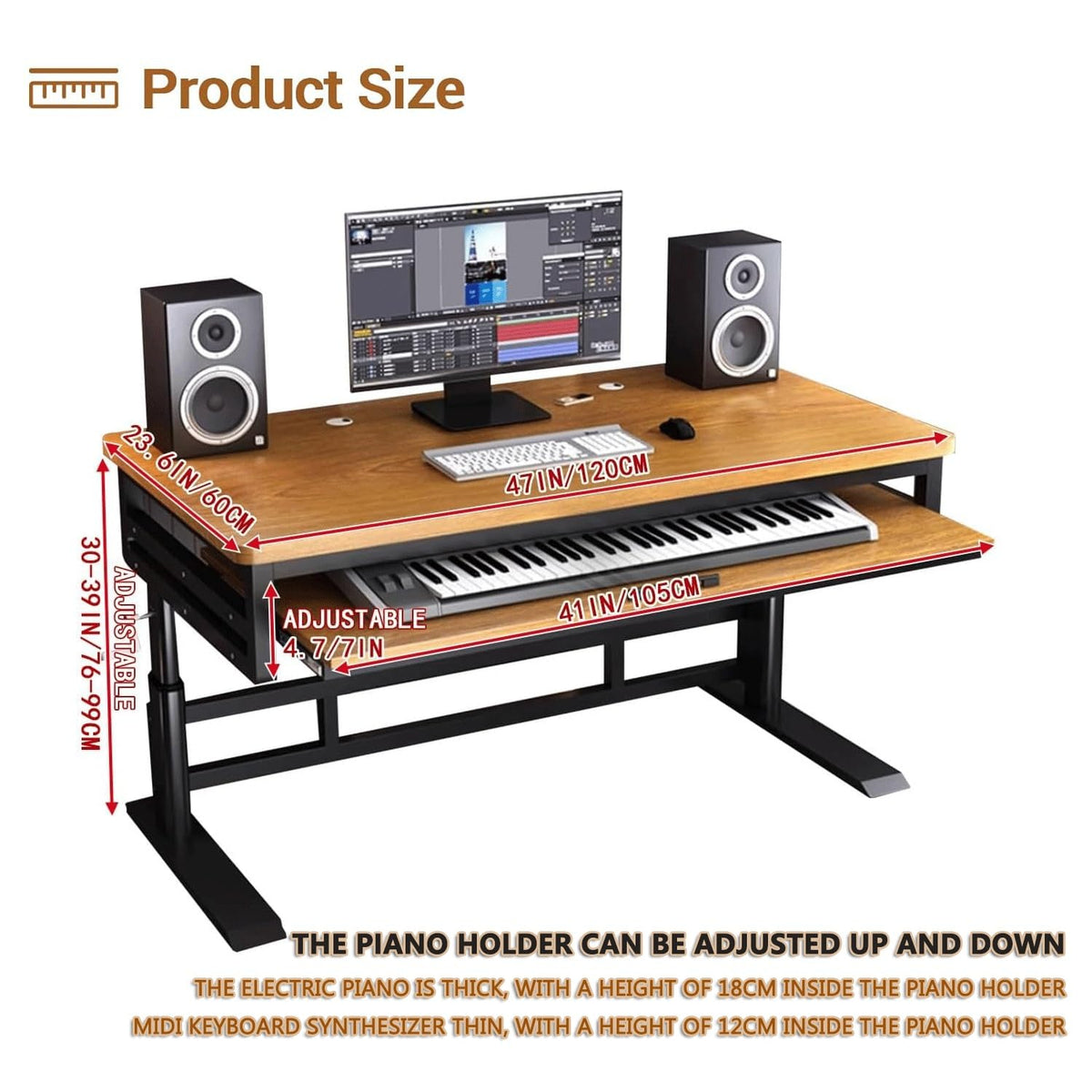 Music Studio Desk Workstation with Keyboard Tray, Office Computer Table with Organized Wiring/Keyboard Shelf Workbench Electronic Piano Midi Production Recording Studio
