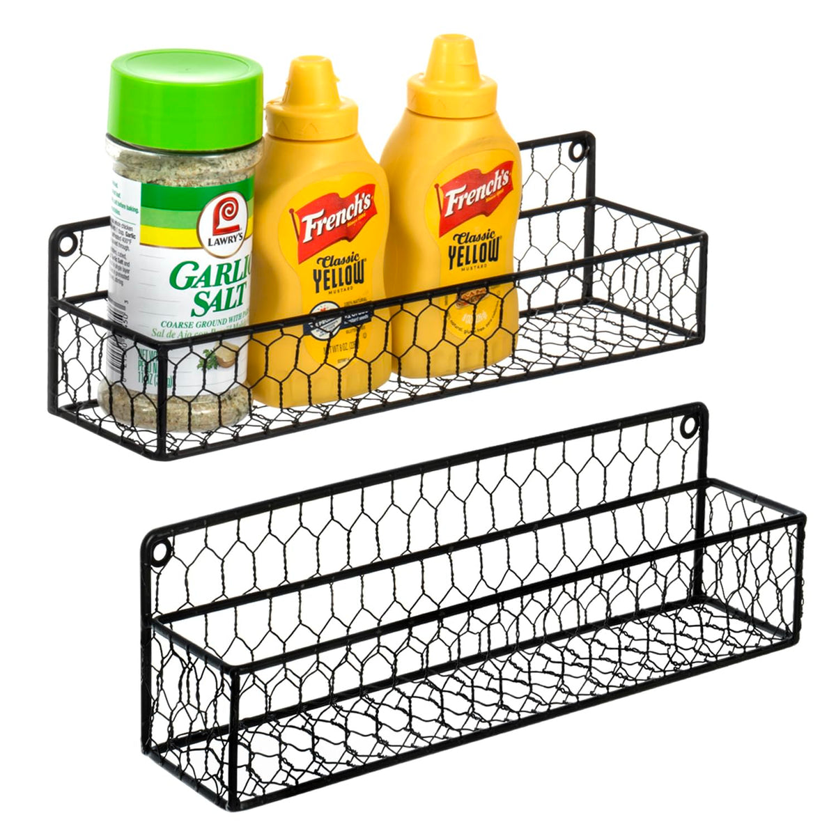MyGift 2 Pcs Spice Rack Wall Mount, Small Seasoning Shelf Organizer, 12-Inch Over the Stove Hanging Kitchen Condiment Basket Storage Display, Black Wire