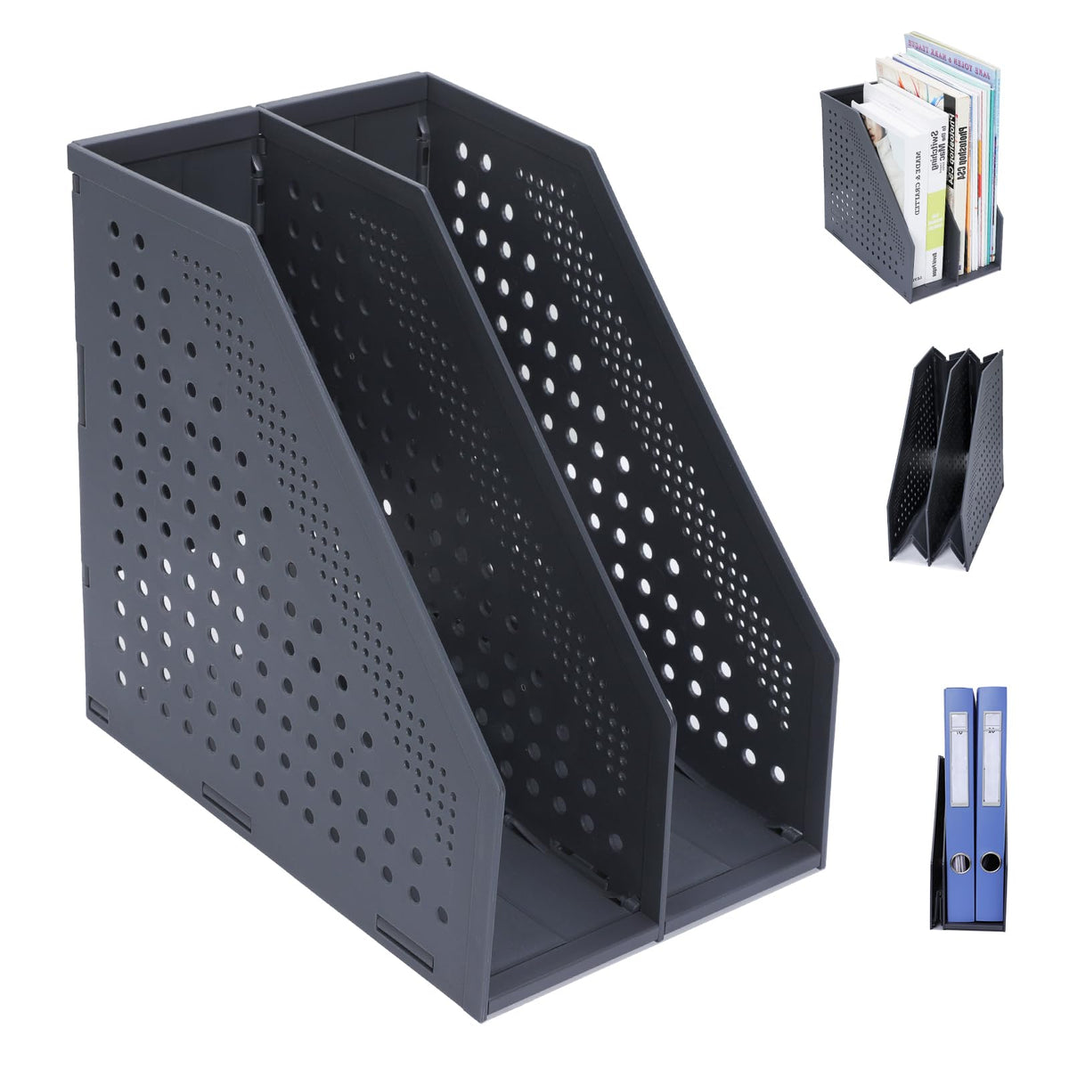 FRETONBA Collapsible Magazine File Holder with 2 Vertical Compartments Foldable Binder Holder for Desk Binder Storage Organizer Plastic Magazine Holders for Shelf, Dark Gray
