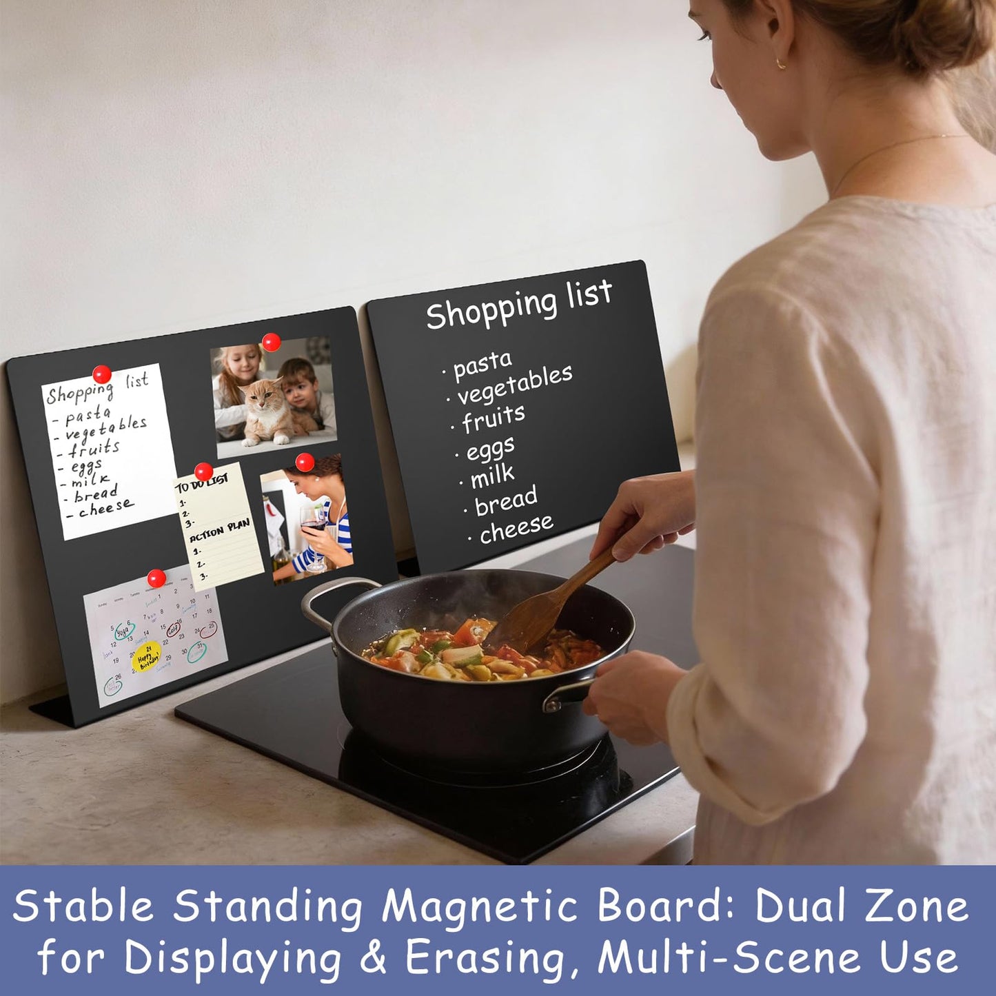 Geyoga 2 Pack Magnetic Bulletin Board with Stand, 16 x 12 Inch Black Magnet Display Board for Memo, Menu, Notes, Photos, for Kitchen Countertop, Office Desk, School