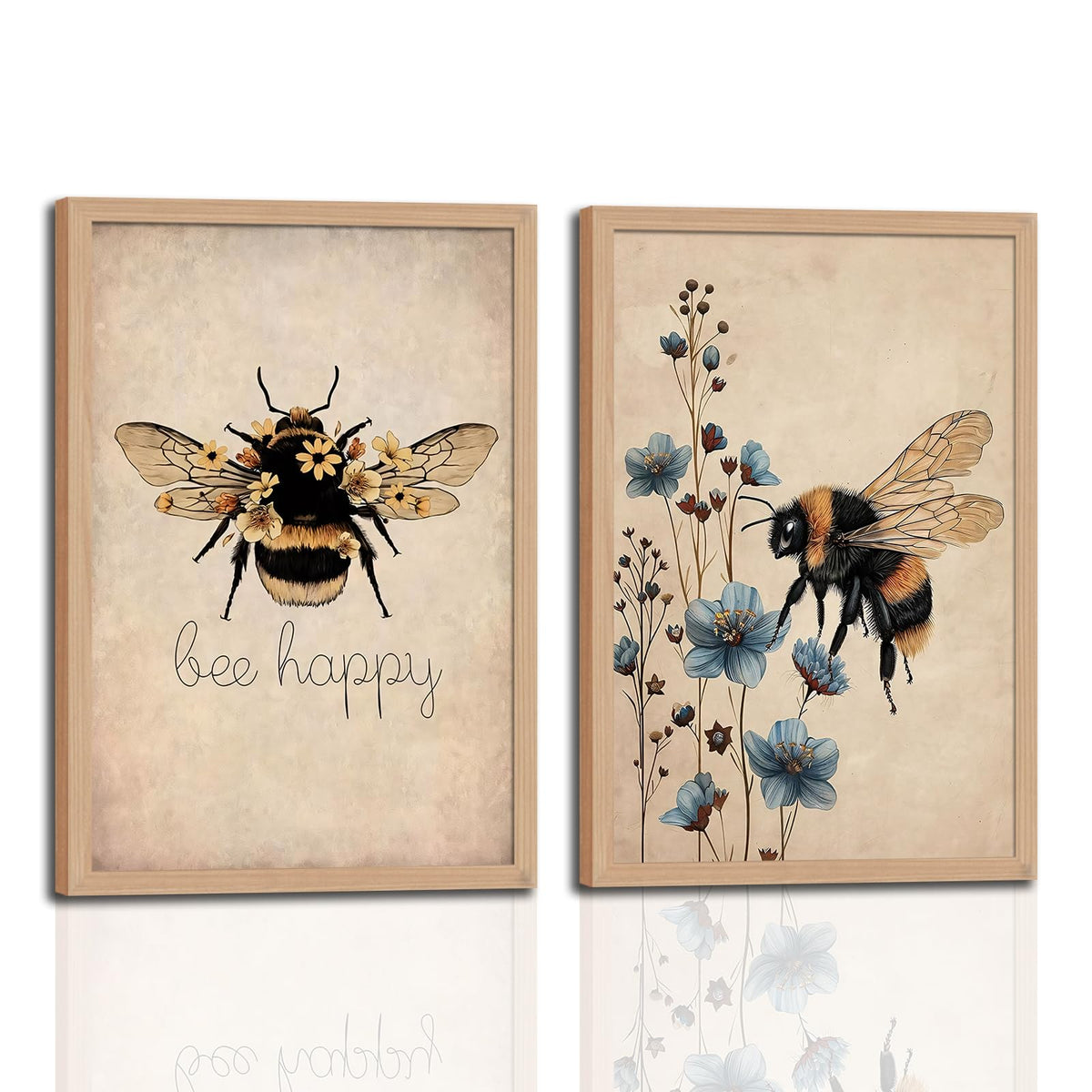 CVXHKH 2Pcs Bee Happy Framed Bumblebee and Flower Canvas Wall Art, Bee Lover Gift Rustic Nature Artwork Inspirational Botanical Picture, Cute Insect Artwork for Living Room, Bedroom, Office 12x16in