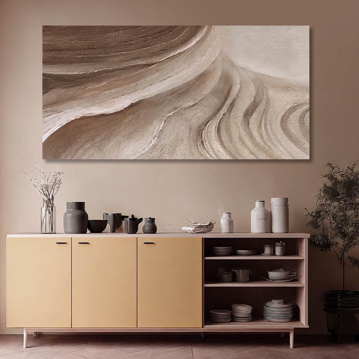 MLART99 Modern Abstract Beige and Brown Canvas Wall Art Textured Minimalist Line Painting Wave-Inspired Artwork for Living Room Bedroom Office Home Decor 24x48 Inch