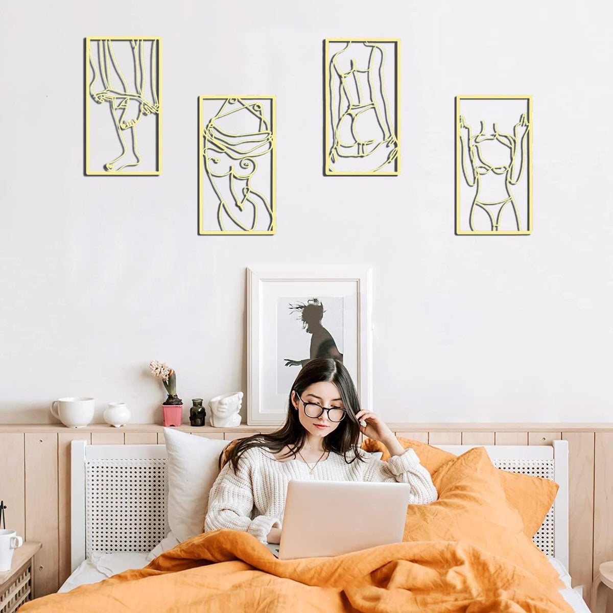 DoMyfit 4-Piece Abstract Line Metal Wall Art Print Decor Line Drawing Home Hanging Wall Art for Living Room Bedroom Wall (Gold)