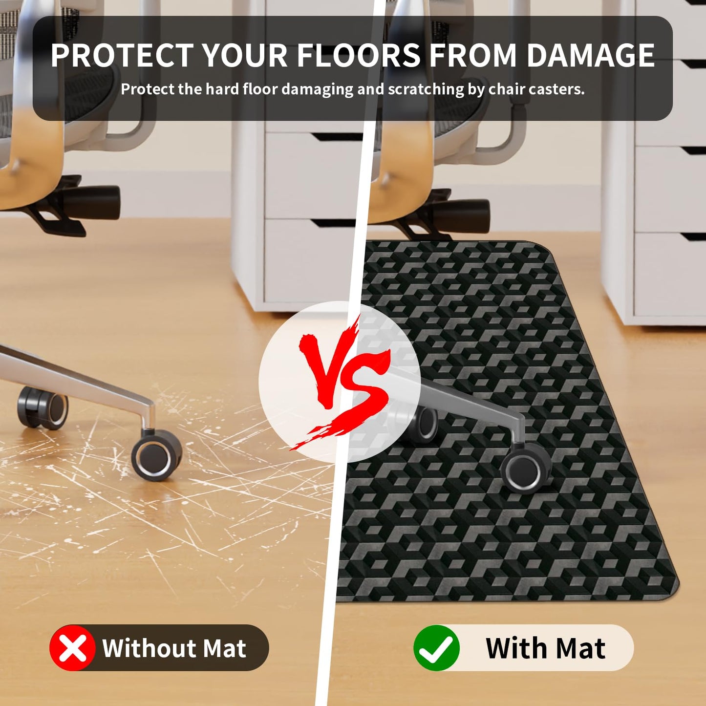 Office Chair Mat for Hardwood Floors, 48" x 36" Black 3D Pattern PVC Chair Mat, Heavy Duty Floor Protector for Rolling Chair, Easy Glide and Clean, Under Computer Desk Floor Mat for Home & Office Use