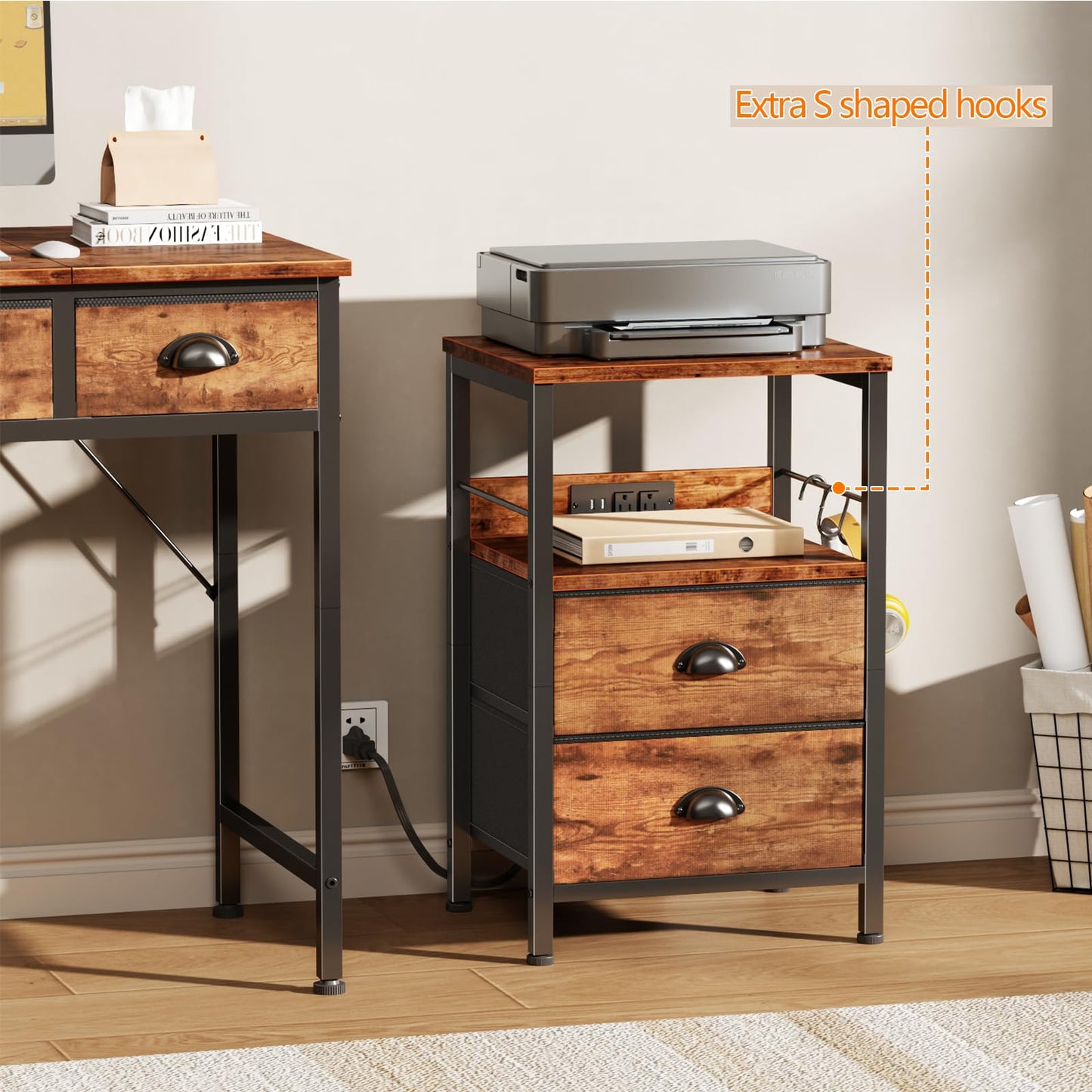 Furologee End Table with Charging Station, Nightstand with Fabric Drawers, Side Table with USB Ports & Outlets, Night Stand with Storage Shelf & Hooks, for Living Room/Bedroom, Rustic Brown