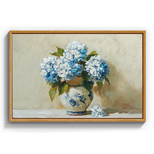 InSimSea Framed Canvas Art Hand-Painted Vintage Blue Hydrangea Art,16x24inch, Textured Floral Paintings Artwork Wall Decor for Living Dining Room Hallway, Classical Still Life Farmhouse Picture