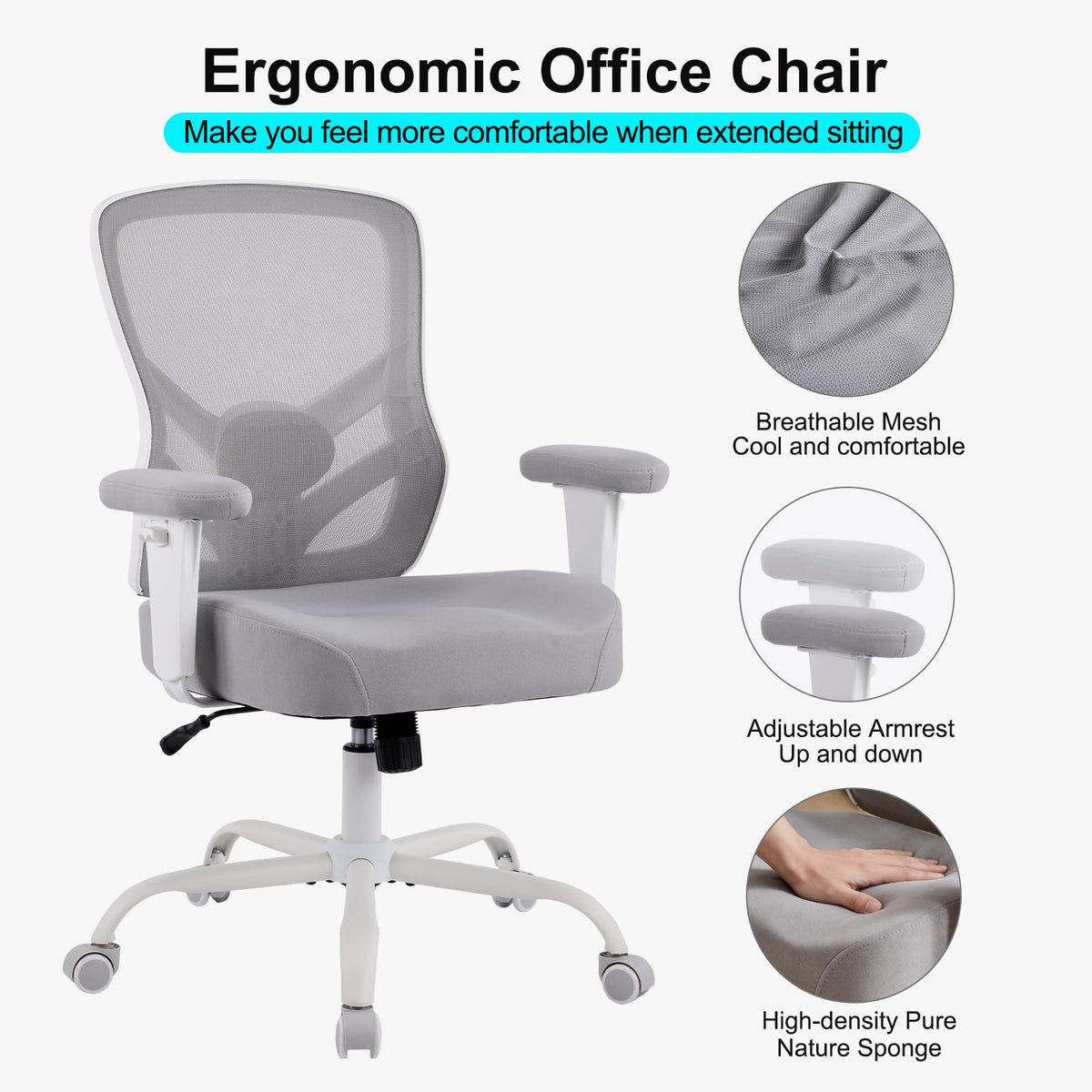 YFO Ergonomic Office Chair, Mesh Computer Desk Chair with Adjustable Back Lumbar Support and Armrests, Comfy Executive Rolling Swivel Task Chair for Home Office, Grey