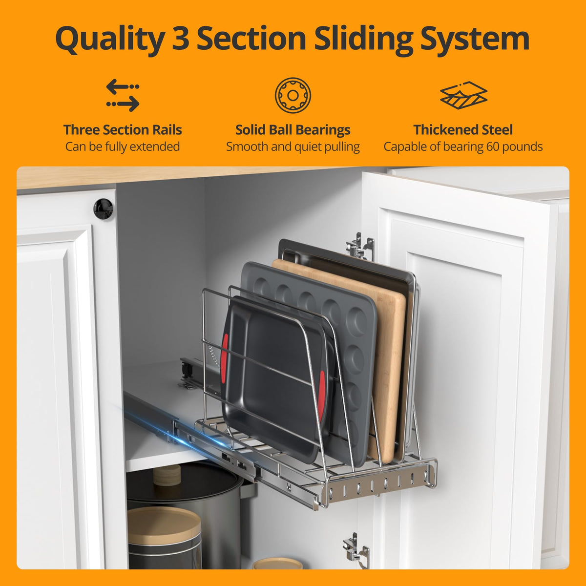 Pull Out Cabinet Organizer for Cutting Board, Cookie Sheet, Baking Sheet, Stainless Steel Sliding Rack for Bakeware & Trays, Heavy-Duty Cutting Board Organizer (9” x 16.5” (22.8 x 41.8 cm))