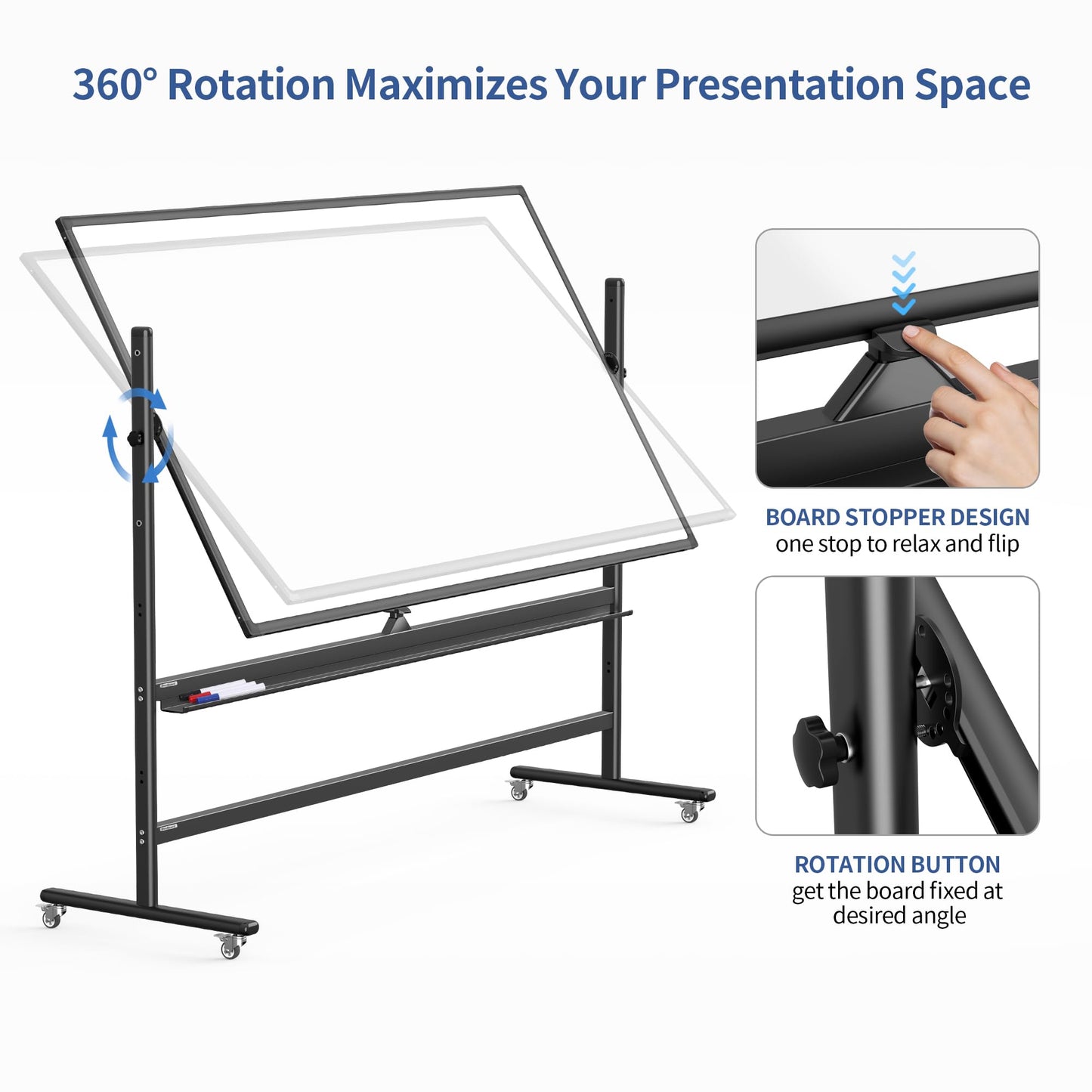 Mobile Whiteboard 48x32 for Office & Homeschool - Double-Sided Magnetic Dry Erase Board on Wheels - 360° Reversible Standing Easel for Agile Presentations & Classroom Teaching