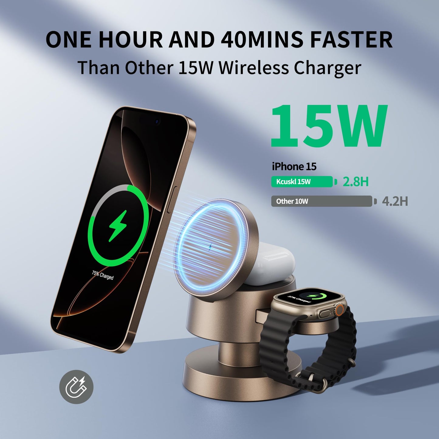 Kcuskl 4 in 1 Magnetic Wireless Charging Station,15W Fast Charging with Night Light for MagSafe Charger Stand,3 in 1 Wireless Charger for iPhone 17/16/15/14/13 Pro Max,Apple Watch & AirPods,Sand Gold