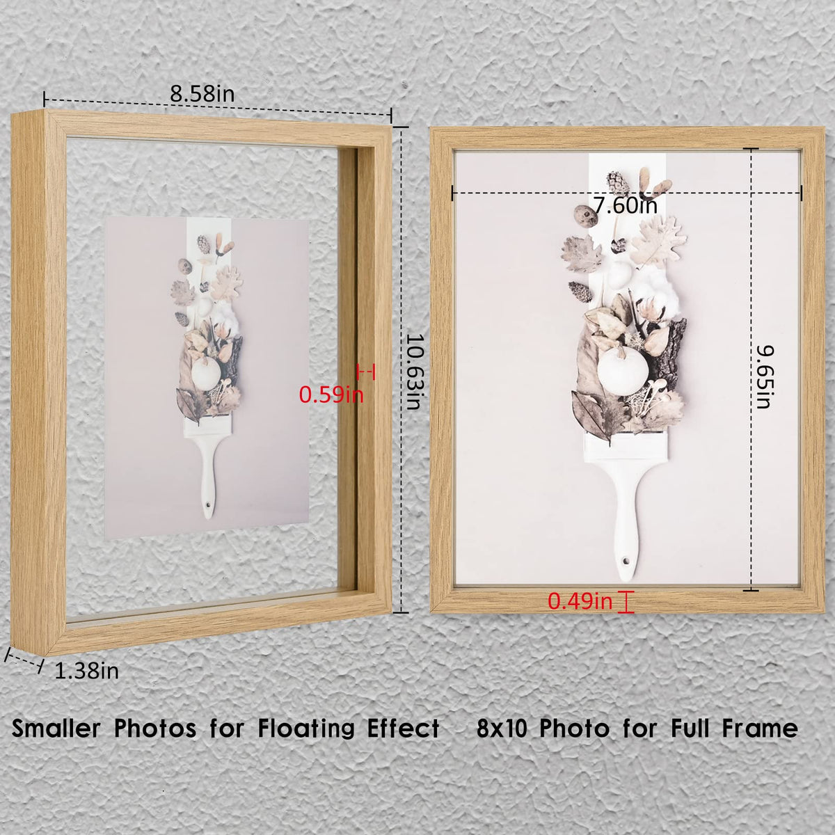 MUYE 8x10 Floating Frame Set of 2,Double Glass Rustic Photo Frame for Wall Hanging or Tabletop Standing,Display Any Size Photo up to 8x10,Natural