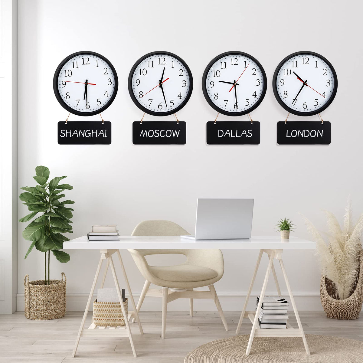 Juinte 4 Pcs Silent Wall Clocks 10 Inch with Chalkboards and Marker, Battery Operated Round Multi Time Zone Clocks for Home, Kitchen, School, Office, Reception Areas, Classroom Decor
