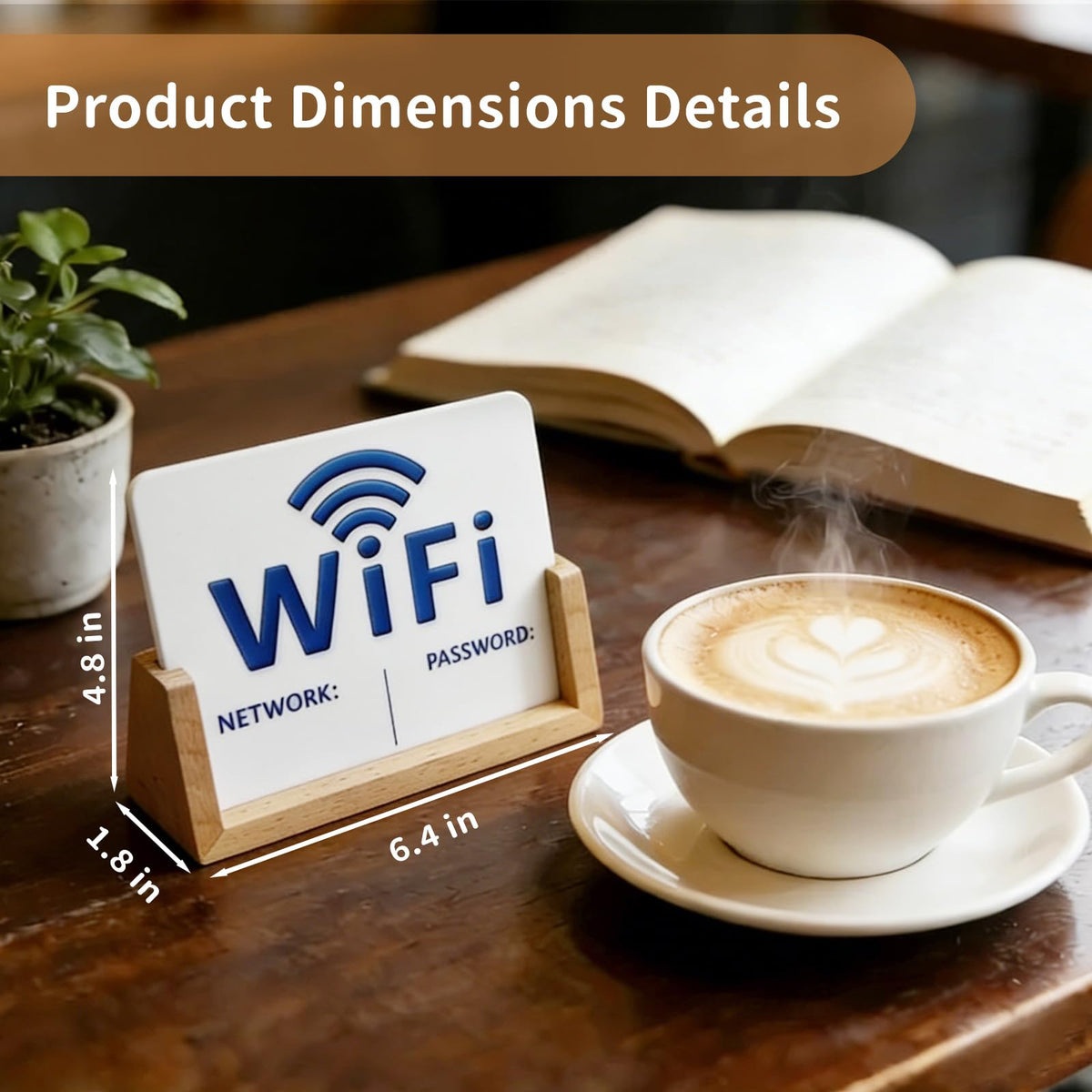 2 Pack Wifi Signs for Guests - Blue & Black Font Wifi Sign with Wooden Base - Custom Wifi Password Sign for Home, Office, Cafe, with 1 Sponge Erasable Marker Pen (6.4" x 4.8")