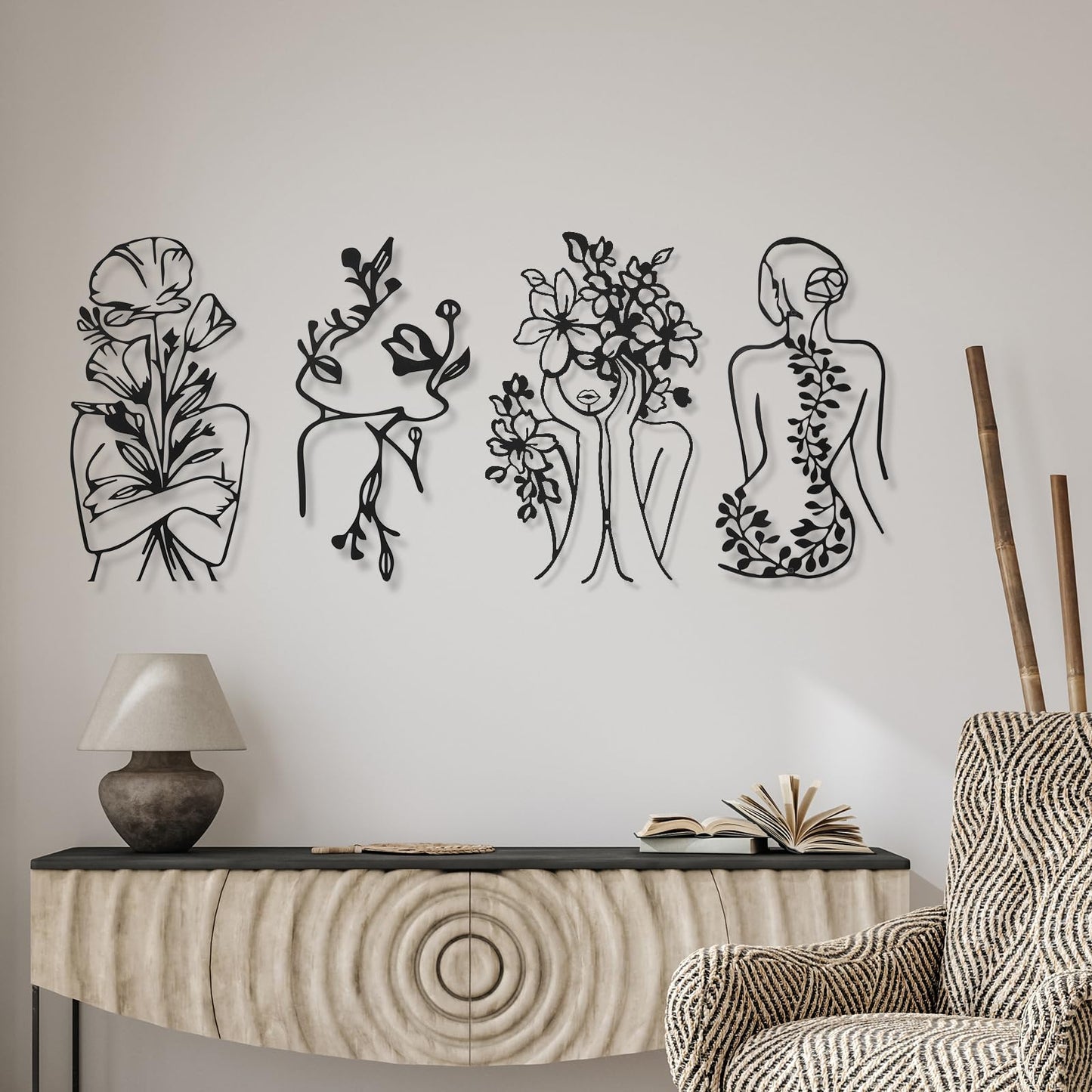 Therwen 4 Metal Wall Art Decor Minimalist Abstract Woman Single Line Drawing Wall Art Female Home Decor Hanging Art Print for Bedroom Bathroom Living Room, Black 17 x 10 in(Stylish Style)