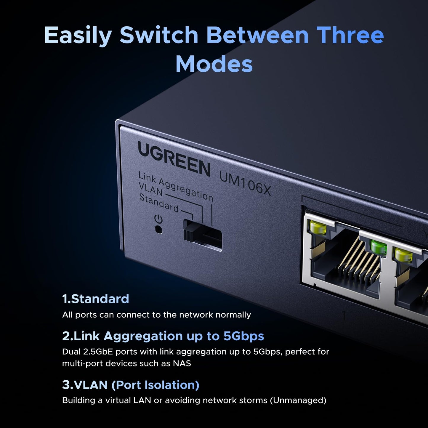 UGREEN 2.5Gb Switch, 6-Port Ethernet Switch, 5 x 2.5Gb + 1 x 10Gb SFP+, Standard/Link Aggregation to 5Gbps/VLAN 3 Modes, Plug & Play Metal Unmanaged Ethernet Splitter, Desktop/Wall Mount, for NAS, PC