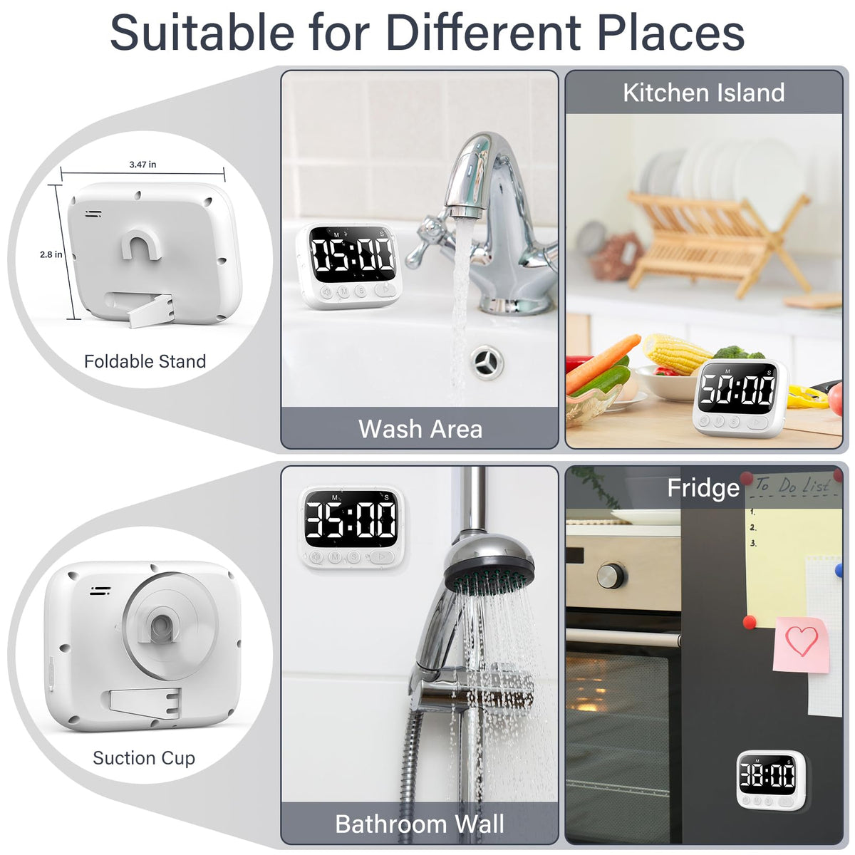 HAUKINIX Shower Timer Waterproof Bathroom Toilet Timer Digital Kitchen for Wall Mount, Study w/Foldable Stand, Countdown Stopwatch w/Suction Cup for Swim, Rechargeable, White