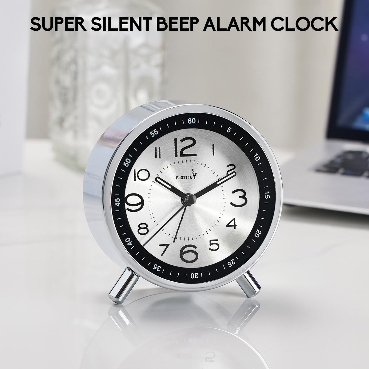 FLOITTUY Super Silent Metal Alarm Clock,Beep Wake Round Alarm Clock with Strip Night Light,Battery Operated,Easy Set,Simple & Retro for Desk, Bedroom and Home Decoration(Metallic Silver)