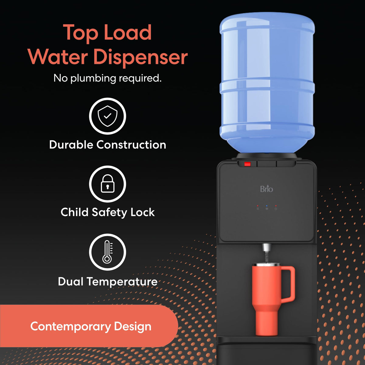 Brio 130 Series Top-Load Water Cooler Dispenser for 3- and 5-Gallon Bottles, Hot & Cold, Spill-Free Loading, Child Safety Lock, Energy Star 3.0, Black