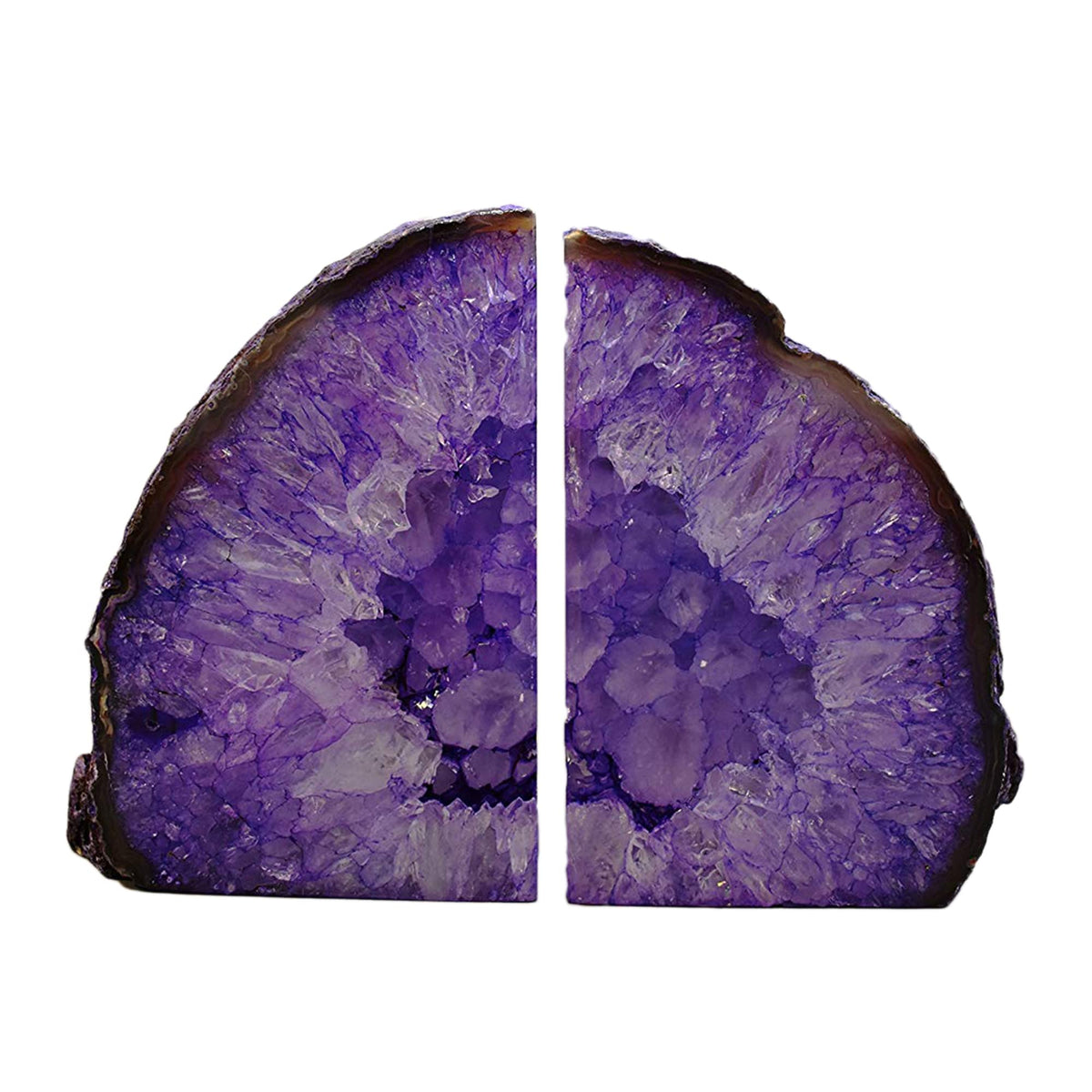 JIC Gem Dyed Purple Natural Agate Bookends Polished Stone Book Ends Crystal Geode Bookends for Shelves to Hold Books with Rubber Bumpers(1 Pair, 3-4 LBS)