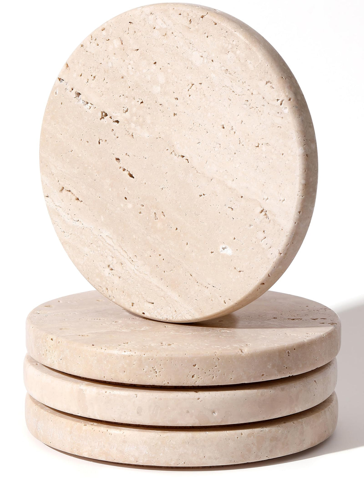 Beige Travertine Coasters Set of 4,Marble Absorbent Coasters 4 '',Ideal for Housewarming Gifts, Anniversaries, Office Decorations - Protects countertops - Sturdy and Durable, Beautiful and Generous