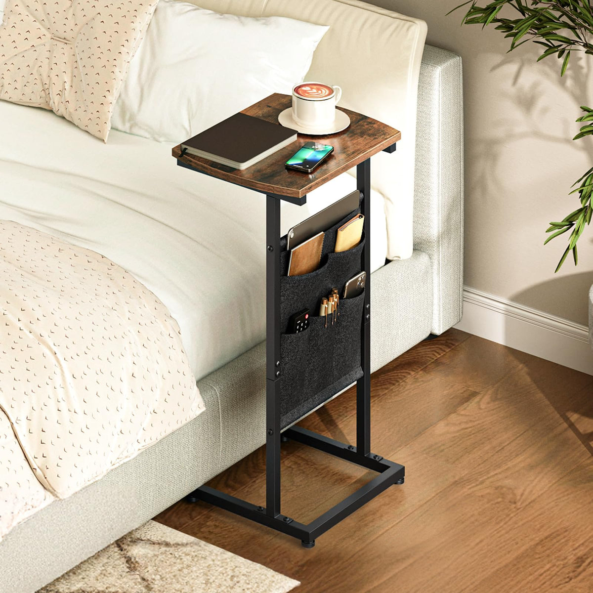 HOOBRO C Shaped End Table, 28.3" Side Table for Small Spaces, Couch Table with Storage Bag, Slide Under Sofa Side Table, for Living Room, Bedroom, Rustic Brown and Black BF40SF01