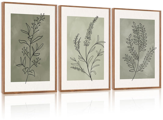 CHDITB Sage Green Framed Canvas Wall Art, Neutral Botanical Line Wall Decor, Olive Tone Plant Poster, Modern Farmhouse Floral Decor, Boho Minimalist Nature Prints for Bedroom Office Decor 16"x24"X3