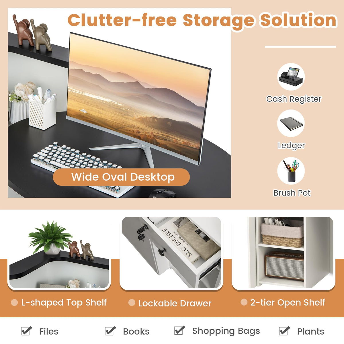 Tangkula Reception Desk, Front Counter Desk with Lockable Drawer & Adjustable Shelf, Oval Desktop, Retail Counter for Checkout, Computer Workstation for Salon Lobby Office, Home Office Desk