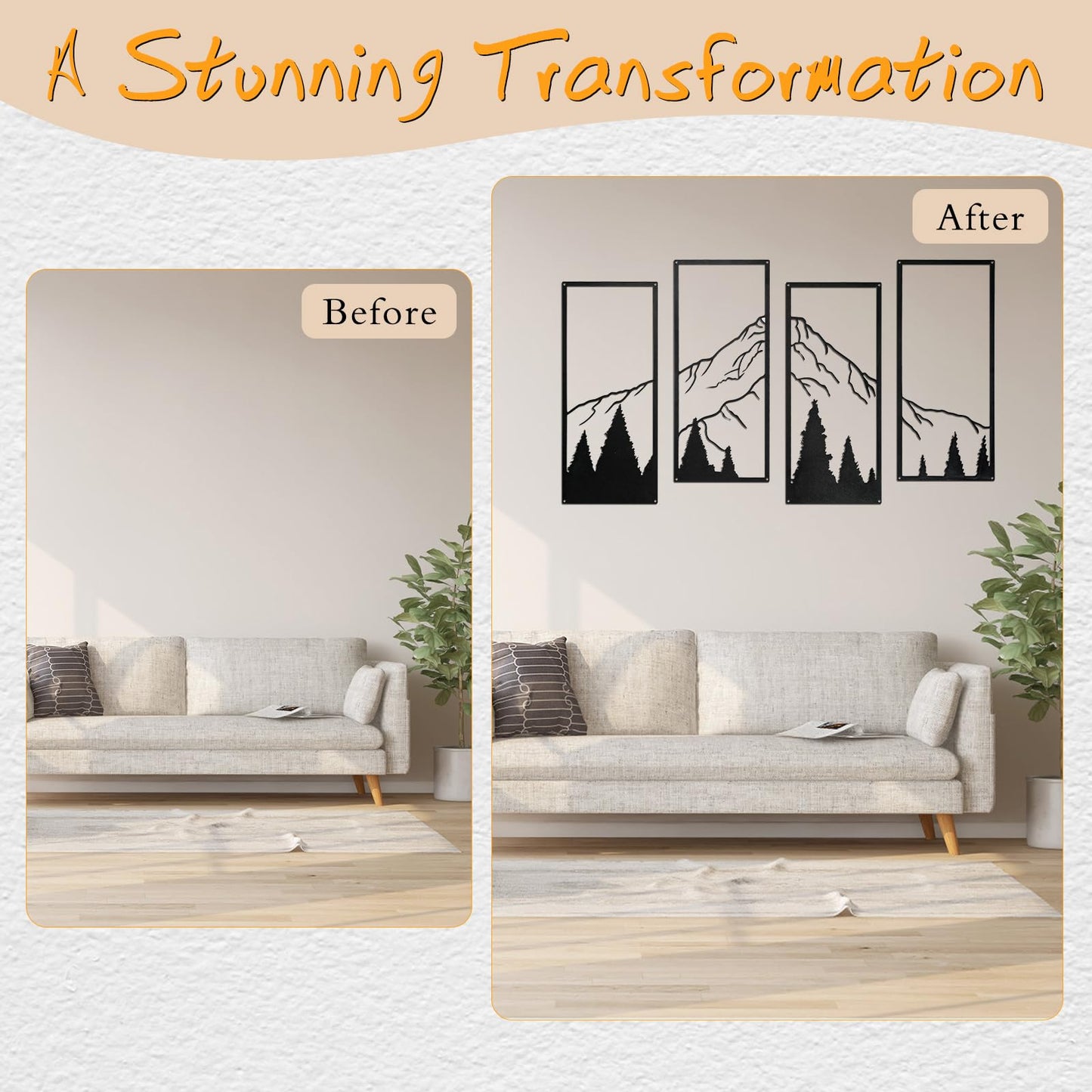 SEISSO 4 Pcs Metal Mountain Wall Art Black Mountain and Forest Wall Decor Line Drawing Metal Wall Sculptures Minimalist Rustic Nature Wall Art Decor for Living Room Office Bedroom Home 17 x 7.5 In