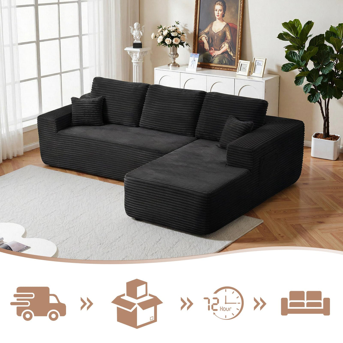 Yafylly 104'' Boneless L-Shaped Sectional Sofa with Throw Pillow & Side Pockets – No Assembly Compressed Modular Couch, Memory Foam Deep Seat for Living Room, Bedroom, Black (Right Facing)