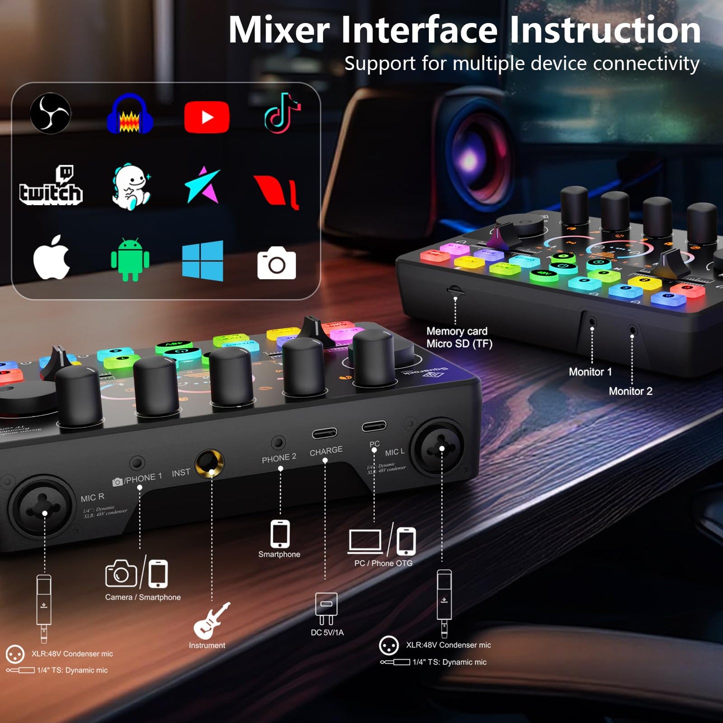 Podcast Equipment Bundle for 2, Dynamic XLR/USB Gaming Microphone & Streaming Audio Mixer with RGB Lights, Perfect for Podcast, Recording, Video Vocal, PC