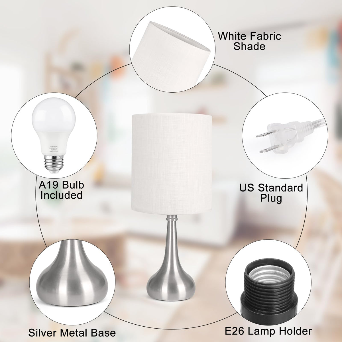 Boncoo Touch Control Table Lamp, 3 Way Dimmable Simple Night Light Lamp with White Lampshade Silver Metal Base, Small Bedside Table Lamp for Bedroom, Office, Dorm, A19 9W 3000K Bulb Included