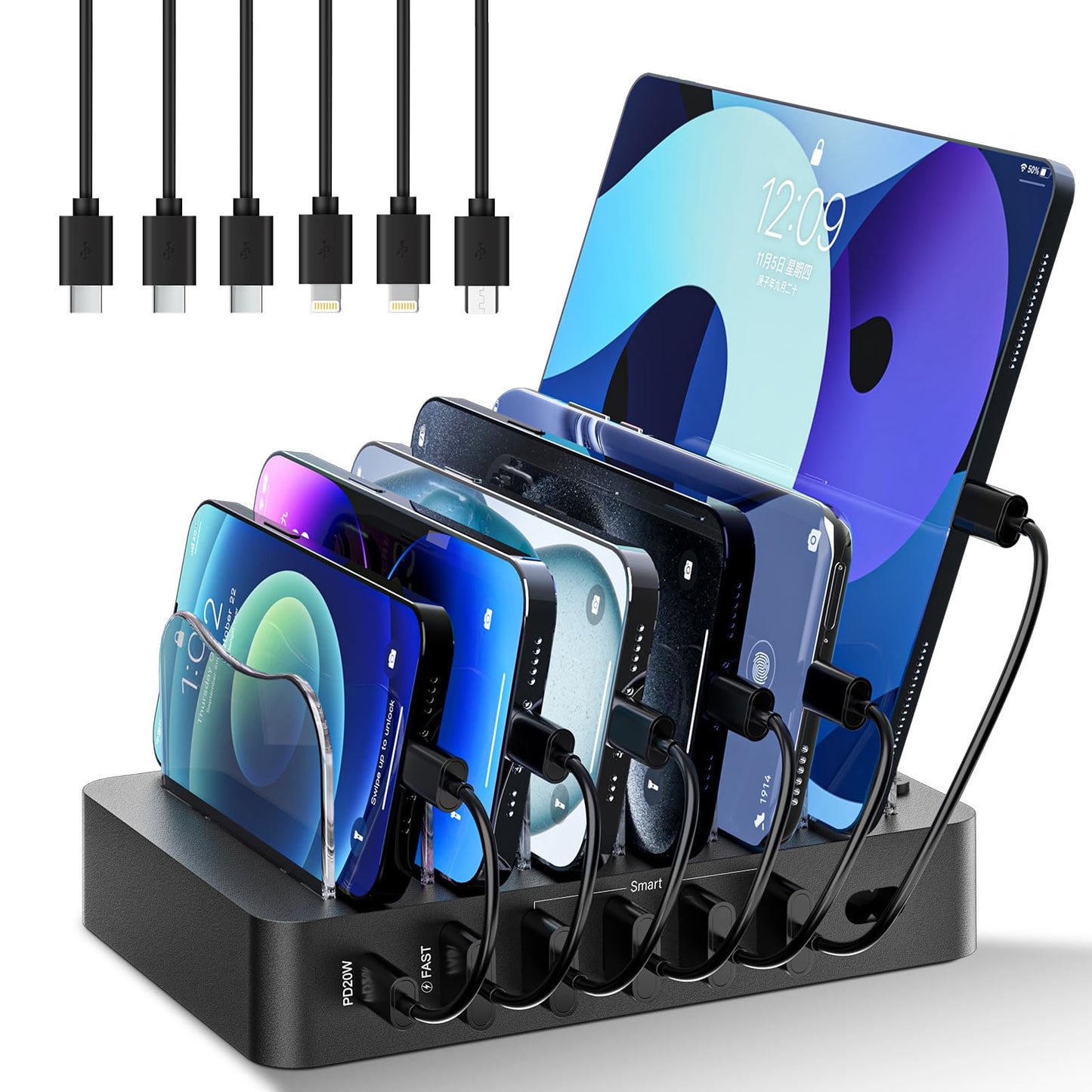 Charging Station for Multiple Devices 68W 6 Port Phone Charger Dock with 6 Cables, 20W Black Fast Charging Station Compatible with Apple Cellphone iPad iPhone Tablet(Black)