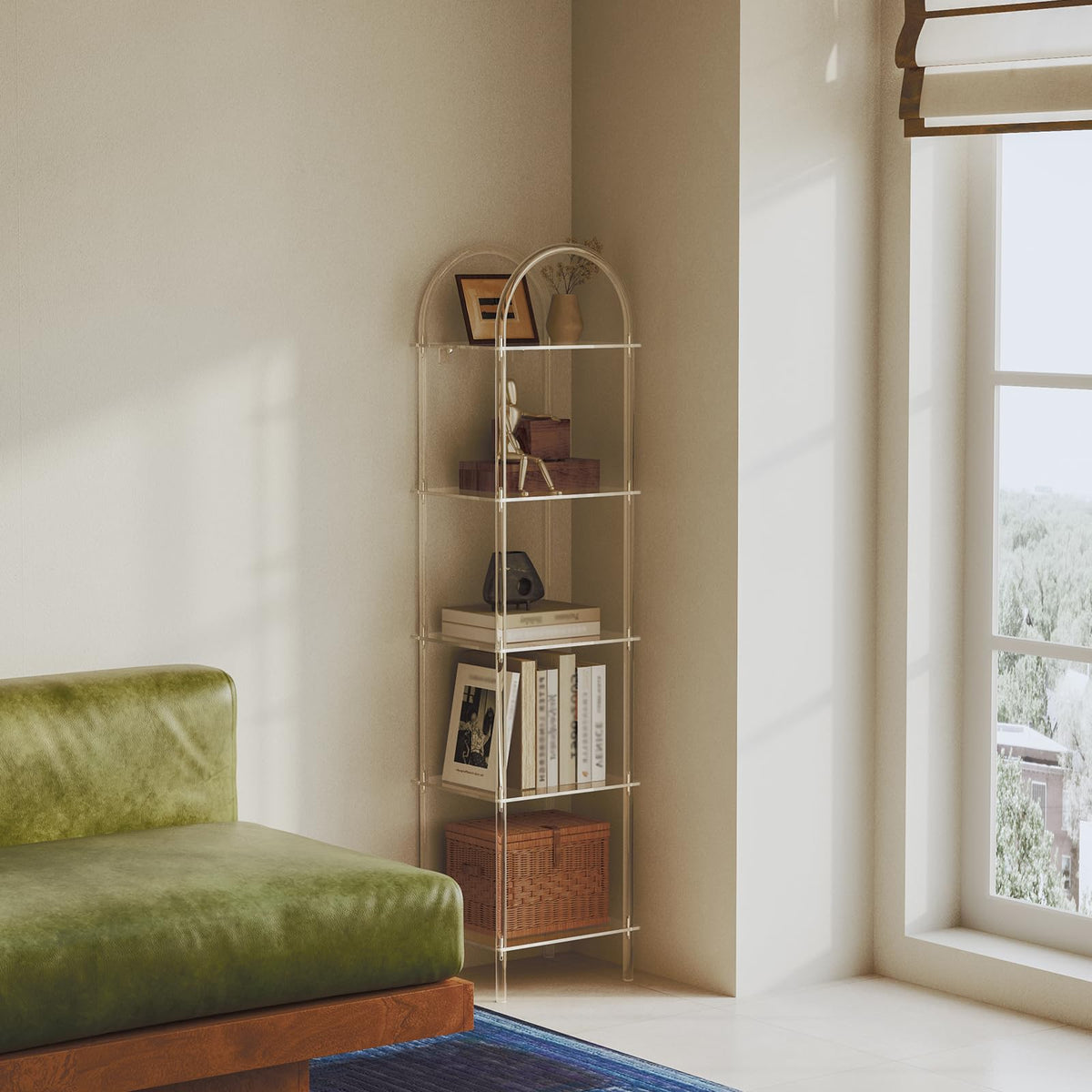 CRTERICX 5-Tier Acrylic Arched Bookcase, Clear Narrow Bookshelf for Small Space, 13.8''W x 11.8''D x 57.1''H, Open Display Book Shelves for Home Office, Living Room, Bedroom, Modern