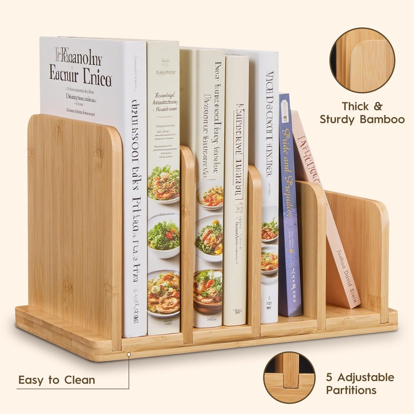 Cook Book Organizer,Bamboo Cookbook Stand for Kitchen Counter with 4-Slot,Sturdy Recipe Book Holder Stand for Convenient Cookbook Storage