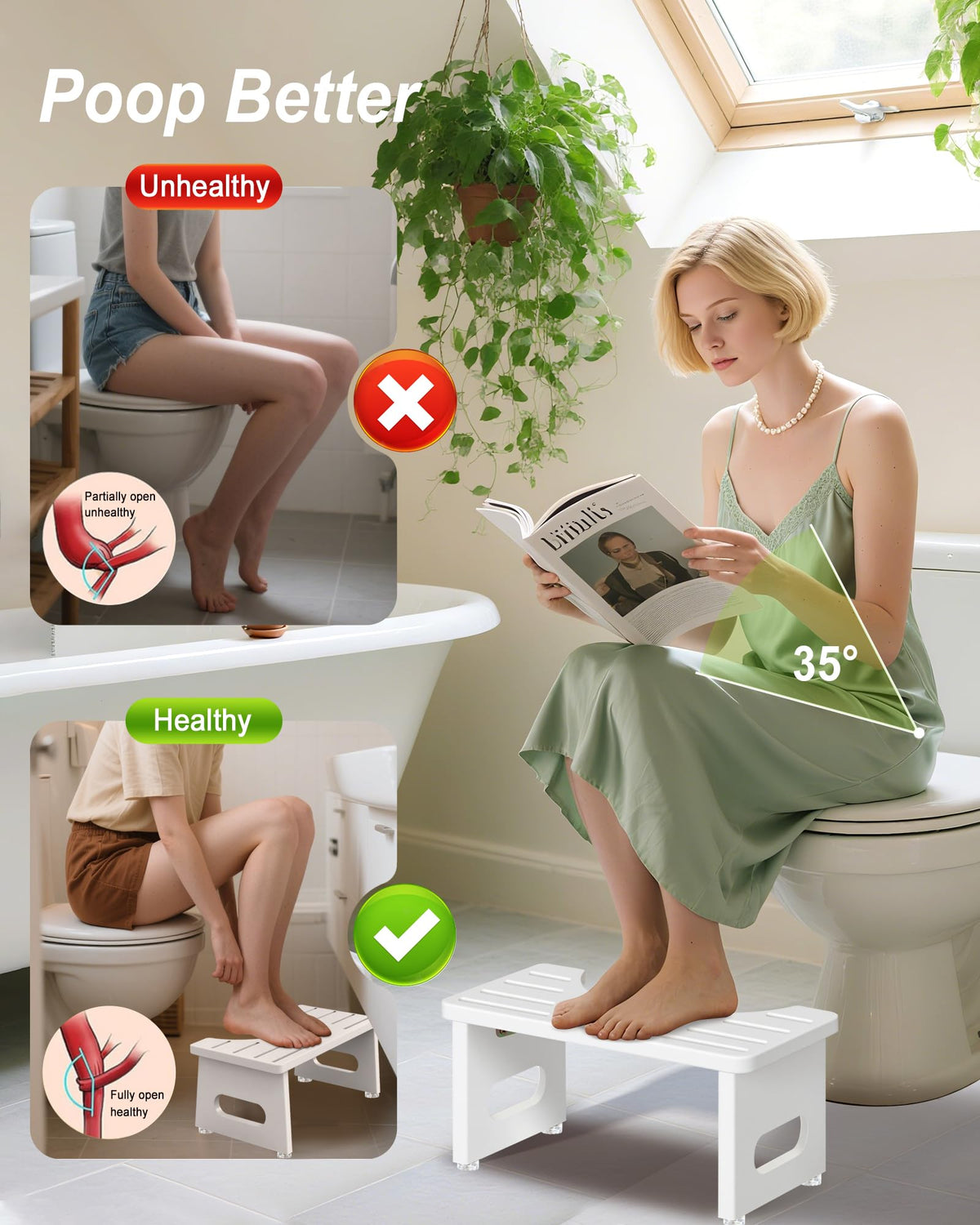 YOSE Squatting Potty for Adults, Foldable Bamboo Toilet Stool Squat Adult, No Assembly Required, Sturdy Poop Stool Adult for Small Bathrooms, Space-Saving Bathroom Foot Stool