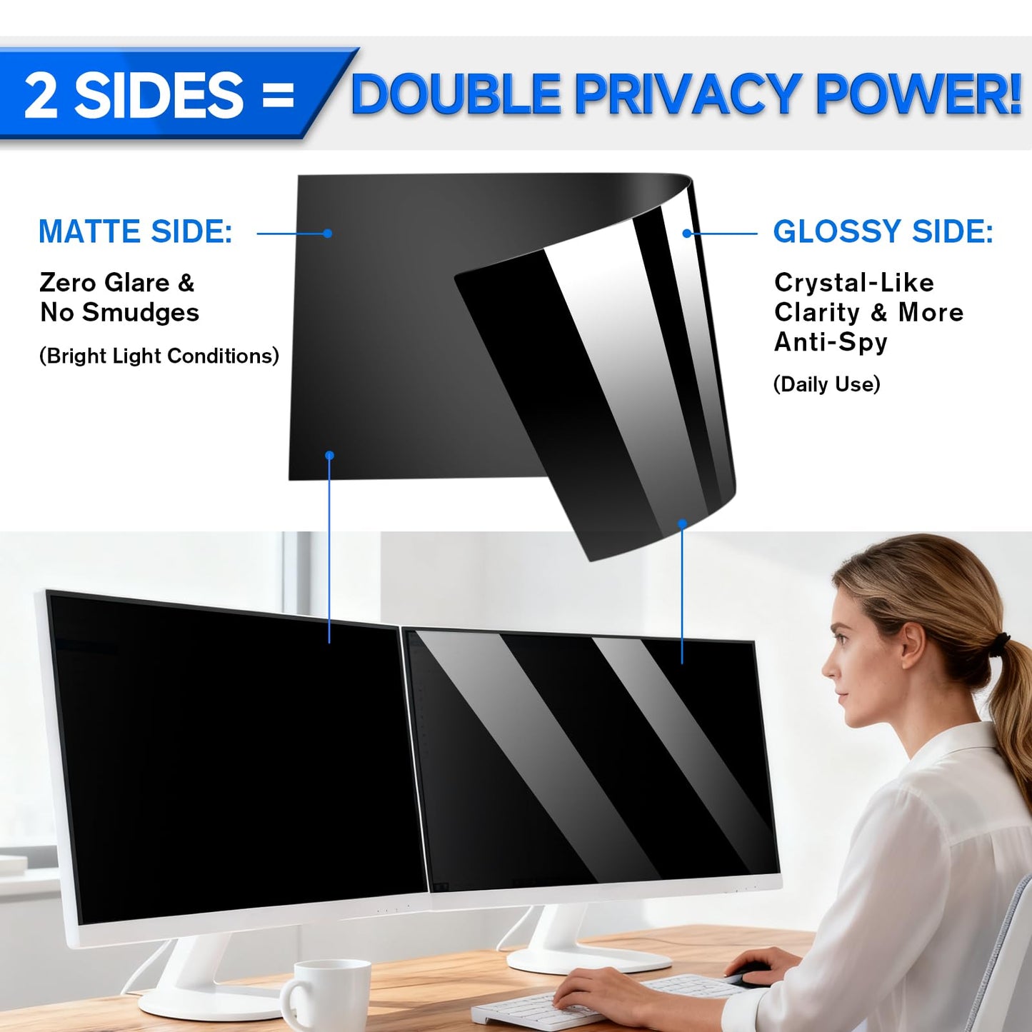 [2-Pack] Privacy Screen For Computer Monitor, 27-Inch 16:9 Aspect Ratio; Anti Spy/Bule Light/Glare And Eye Protection, 2 Install Ways Removable For Office, Airport, Cafe And Other Public Area; Diagonal 27 Inches, Width 23.53 Inches, Height 13.24 Inches